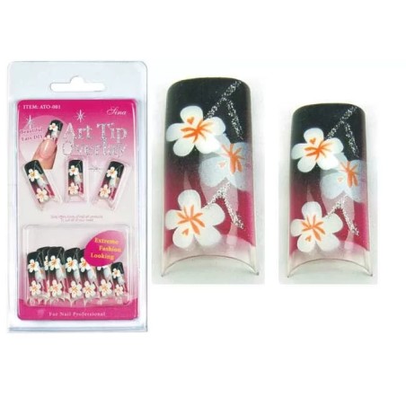 Faux Ongles Overlay-Tip X20 Noir Blanc Fleur - IB