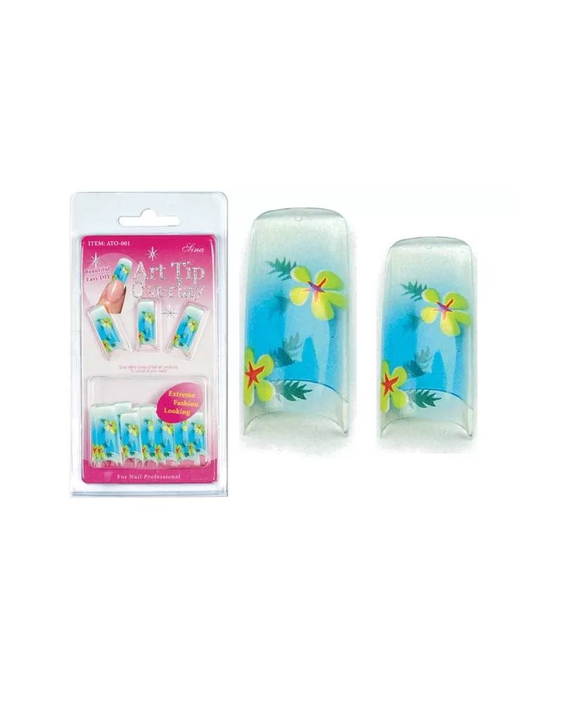 Faux Ongles Overlay-Tip X20 Bleu Fleur Jaune - IB