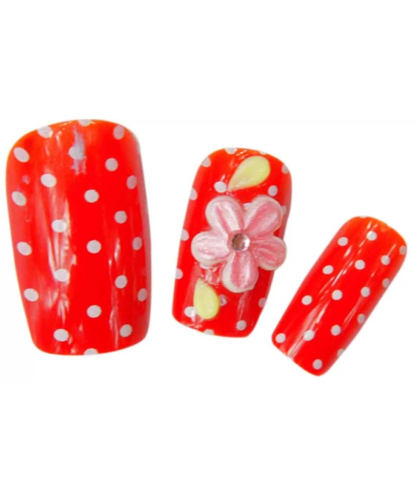 Faux Ongles x24 3D Rouge+Fleurs - IB