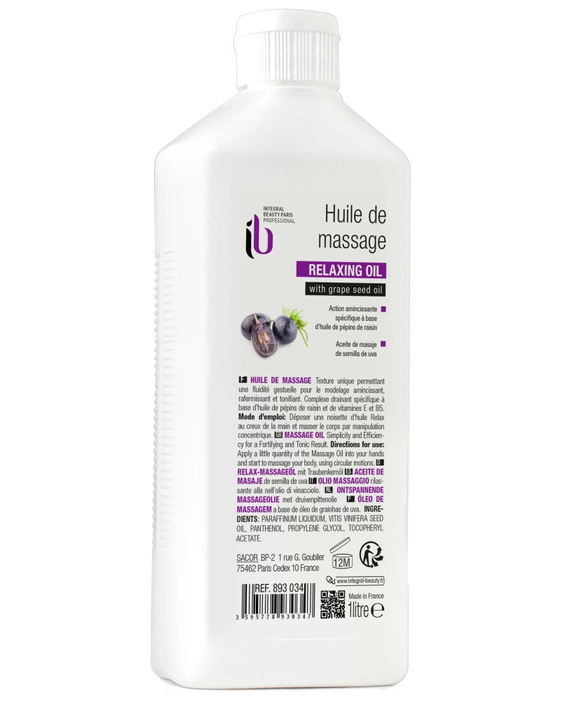 Huile de Modelage Visage et Corps 1L - Pépins de Raisin, Vitamines E et B5
