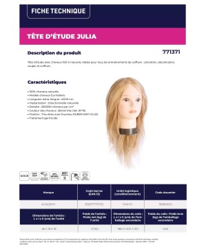 Tête d'Étude JULIA - Cheveux Naturels Blond Très Clair 40/45 cm